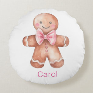 Pink Gingerbread Man Christmas Round Pillow