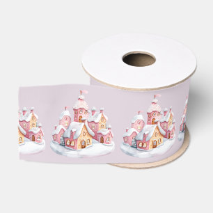 Pink Gingerbread Village On Light Gray Grosgrain Ribbon