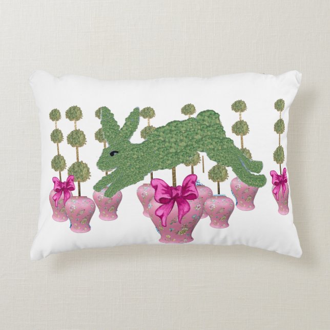 Pink GingerJars jar  Topiary Bunny Rabbit art  Accent Pillow (Front)