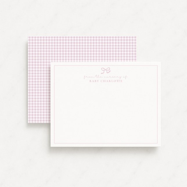 Pink Gingham and bow Nursery Note Card  (Creator Uploaded)