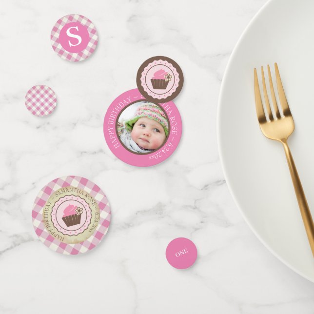 Pink Gingham and Cupcake Birthday Confetti (Group)