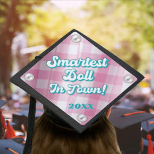 Pink Gingham and Pearls Smartest Doll In Town Graduation Cap Topper