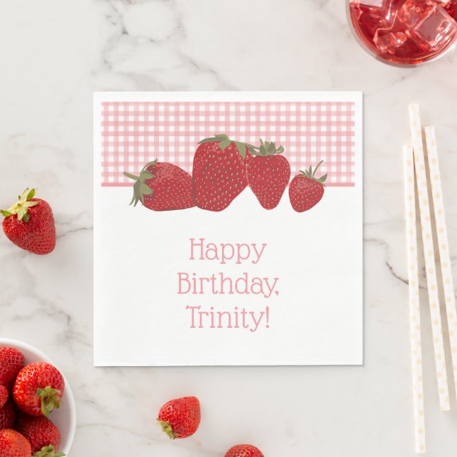 Pink Gingham and Red Strawberries Napkin (Insitu)
