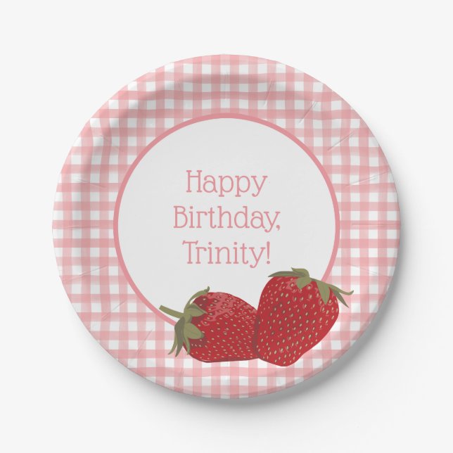 Pink Gingham and Red Strawberries Paper Plate (Front)