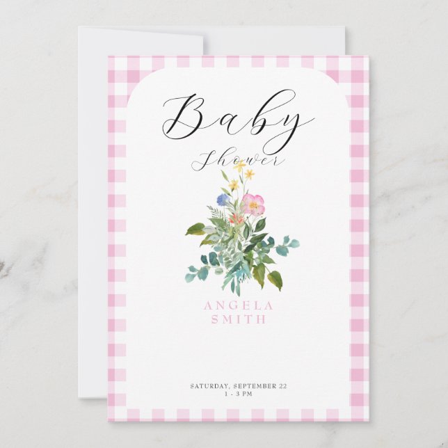 Pink Gingham Arch Wildflower Baby Shower Invitation (Front)