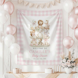 Pink Gingham Baby Animal Baby Shower Welcome Tapestry