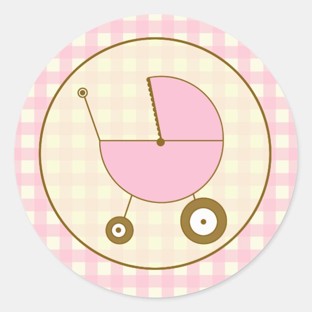 Pink Gingham Baby Carriage Sticker (Front)