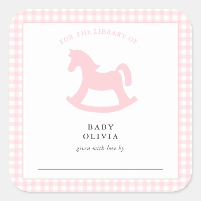 Pink Gingham baby girl for the library  Bookplate Square Sticker (Front)