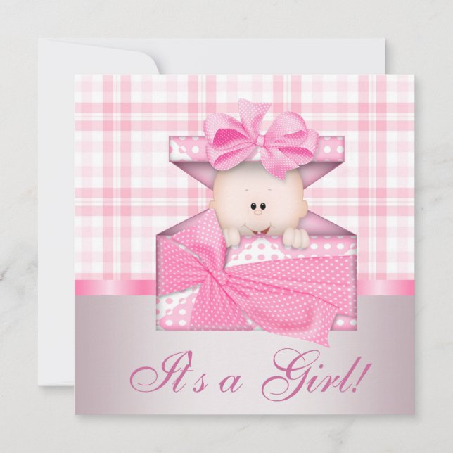 Pink Gingham Baby Girl Shower Invitations (Front)