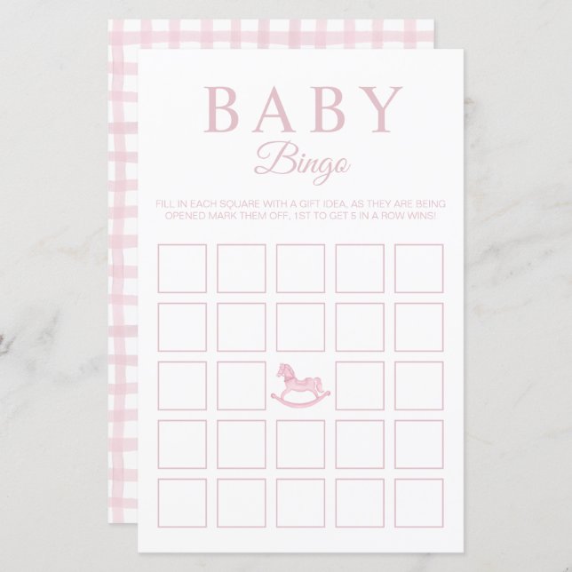 Pink Gingham Baby Shower Bingo Game Card (Front/Back)