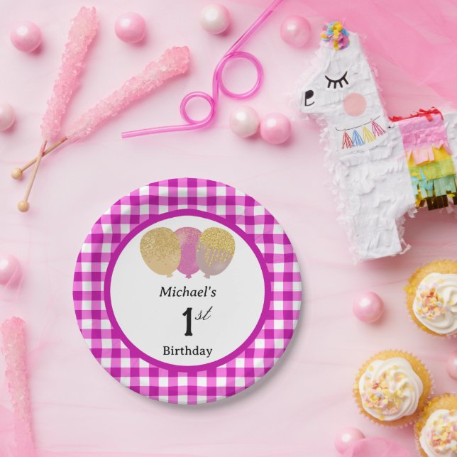 Pink Gingham & Balloons 1st Birthday Paper Plate (Party)