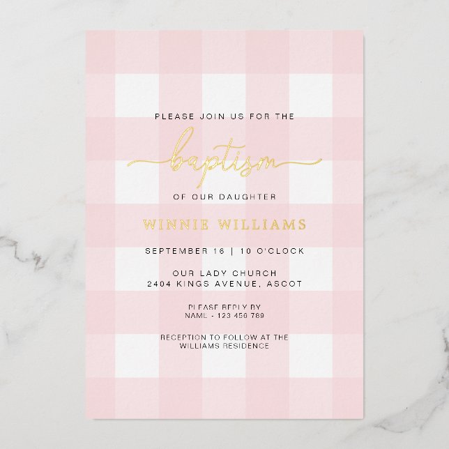 Pink Gingham Baptism Gold Foil Invitation (Front)