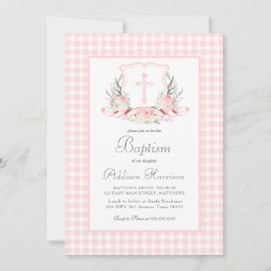 Pink Gingham Baptism Invitation, Girl Baptism Invitation