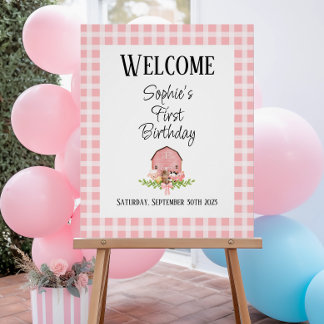 Pink Gingham Barnyard Glossy Welcome Poster