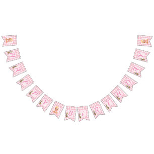 Pink Gingham Bear Cub Happy Birthday  Bunting Flags