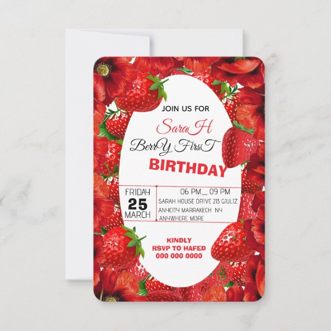 Pink Gingham Berry First Birthday Invitation Templ (Front)