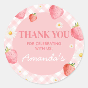 Pink Gingham Berry First Birthday Party Classic Round Sticker