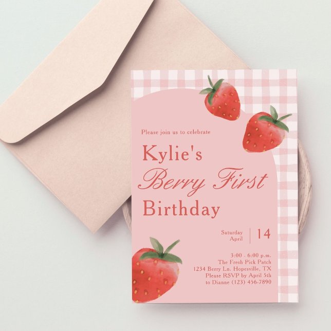 Pink Gingham Berry First Birthday Strawberry Invitation (Creator Uploaded)