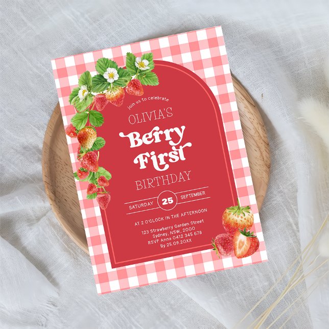 Pink Gingham Berry First Strawberry 1st Birthday Invitation (Creator Uploaded)