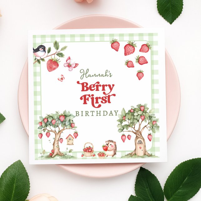 Pink Gingham Berry First Strawberry 1st Birthday Napkin (Creator Uploaded)