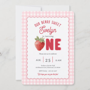Pink Gingham Berry First Strawberry Themed Invitation