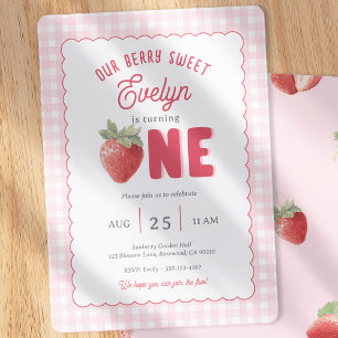 Pink Gingham Berry First Strawberry Themed Invitation