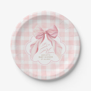 Pink Gingham Blush Bow Girl Baby Shower Paper Plate