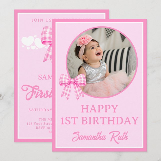 Pink Gingham Bow 1st Birthday Photo Invitation (Front/Back)