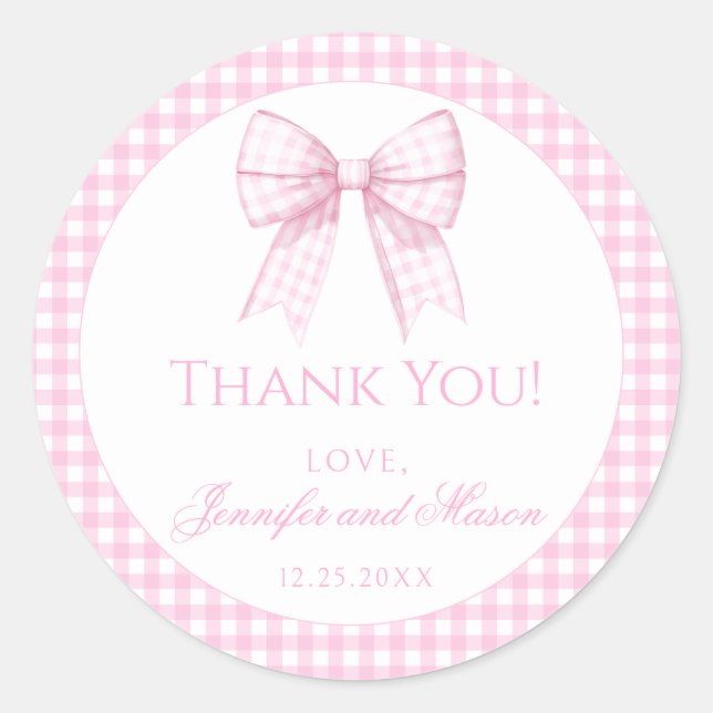 Pink gingham bow baby girl shower thank you classic round sticker (Front)