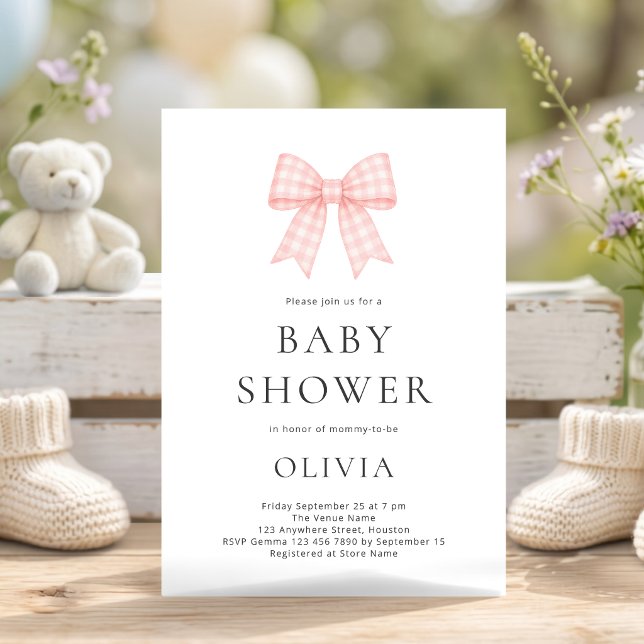 Pink Gingham Bow Baby Shower Invitation (Creator Uploaded)