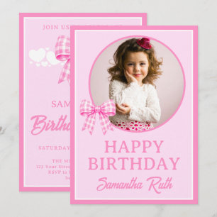 Pink Gingham Bow Birthday Photo Invitation