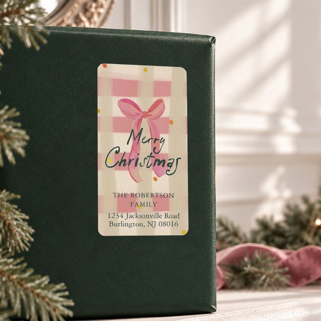 Pink Gingham Bow Christmas Return Address Label (Creator Uploaded)