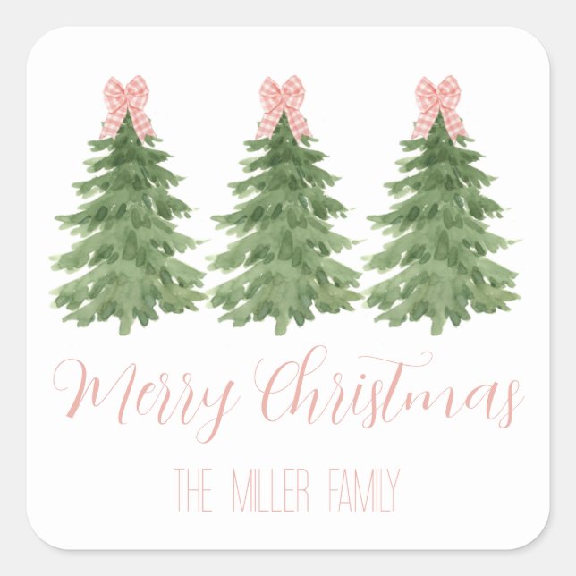 Pink Gingham Bow Christmas Tree Sticker Gift Tag (Front)