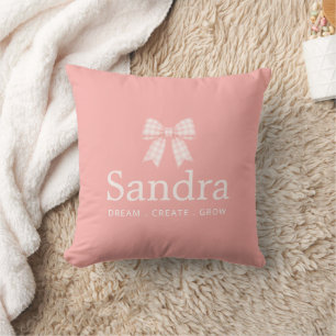 Pink Gingham Bow Custom Name Quote Throw Pillow
