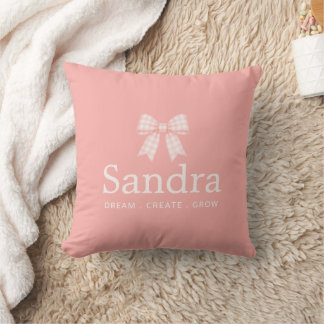 Pink Gingham Bow Custom Name Quote Throw Pillow