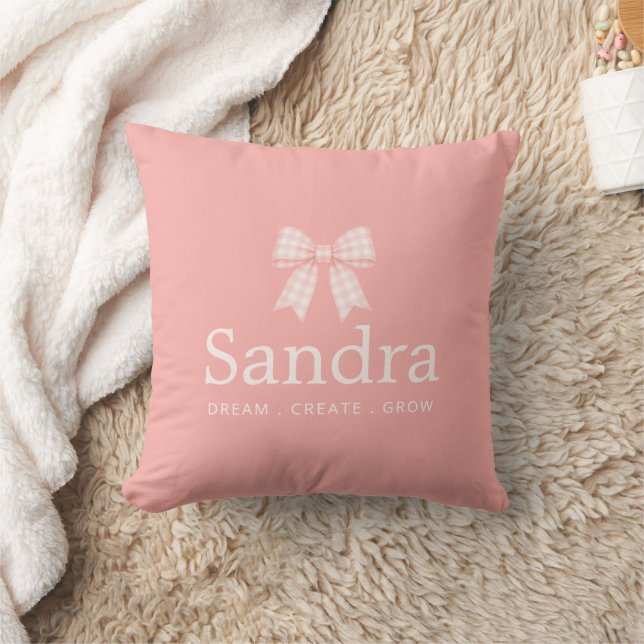 Pink Gingham Bow Custom Name Quote Throw Pillow (Blanket)