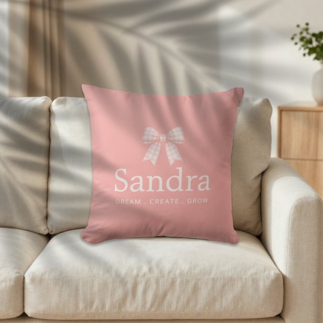 Pink Gingham Bow Custom Name Quote Throw Pillow (Creator Uploaded)