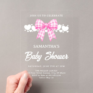 Pink Gingham Bow Girl Baby Shower Acrylic Invitations