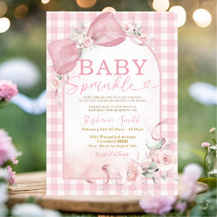 Pink Gingham Bow Girl Floral Baby Sprinkle Invite