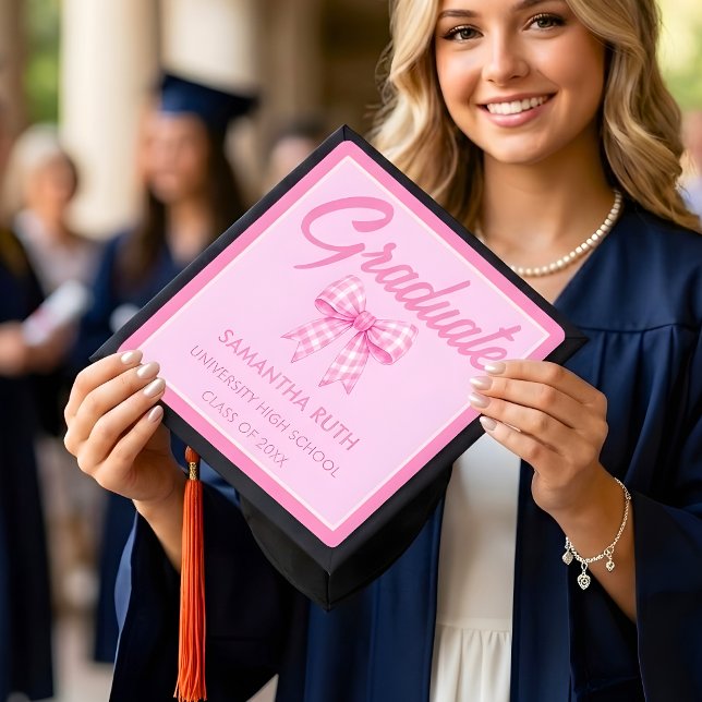 Pink Gingham Bow Graduation Cap Topper (Creator Uploaded)