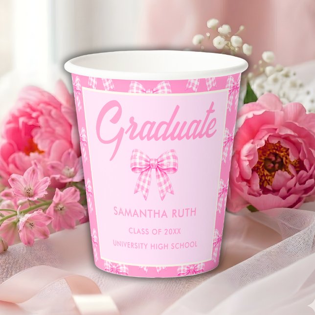 Pink Gingham Bow Graduation Party Paper Cups (Creator Uploaded)