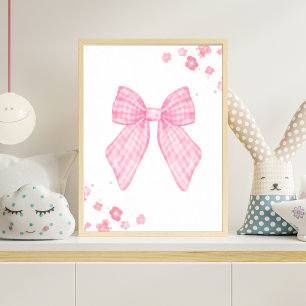 Pink Gingham Bow Nursery Wall Art Floral Baby Girl
