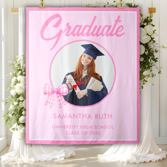Pink Gingham Bow Photo Graduation Party Backdrop Tapestry (Creator Uploaded)