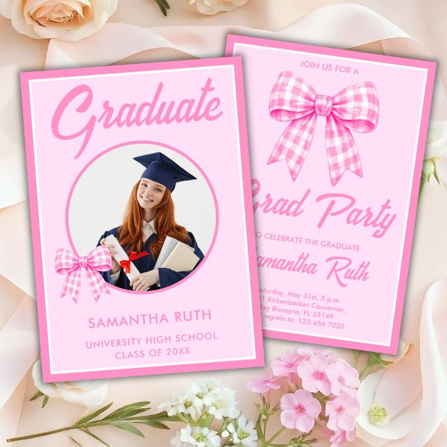 Pink Gingham Bow Photo Graduation Party Invitation (Creator Uploaded)