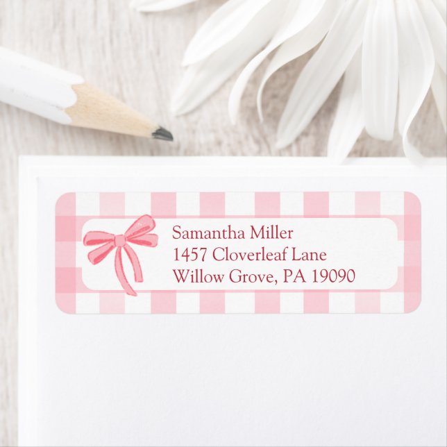 Pink Gingham Bow Return Address Label (Insitu)
