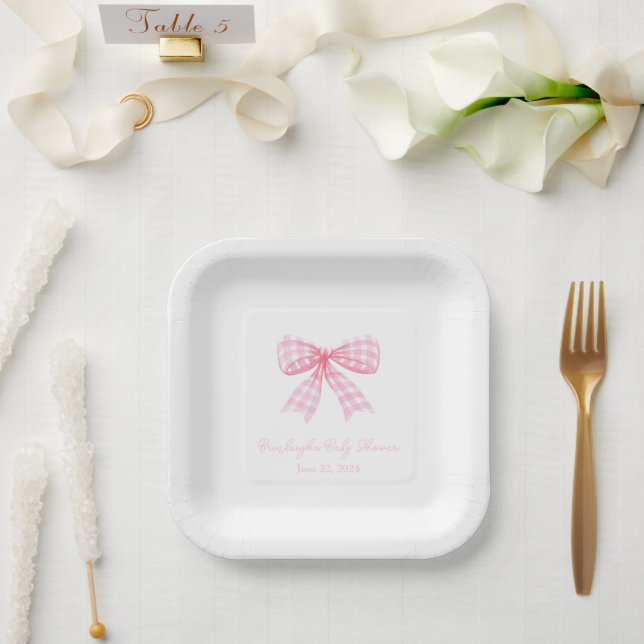 Pink Gingham Bow Ribbon Coquette Personalized Paper Plate (Wedding)