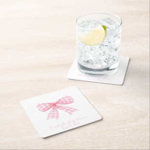 Pink Gingham Bow Ribbon Coquette Personalized Square Paper Coaster