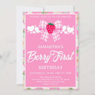 Pink Gingham Bow Strawberry First Birthday Party Invitation