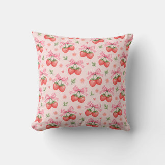 Pink Gingham Bow Strawberry Floral Pattern Throw Pillow