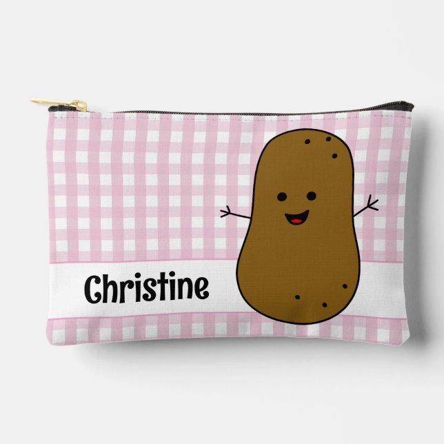 Pink Gingham Brown Potato Custom Accessory Pouch (Front)